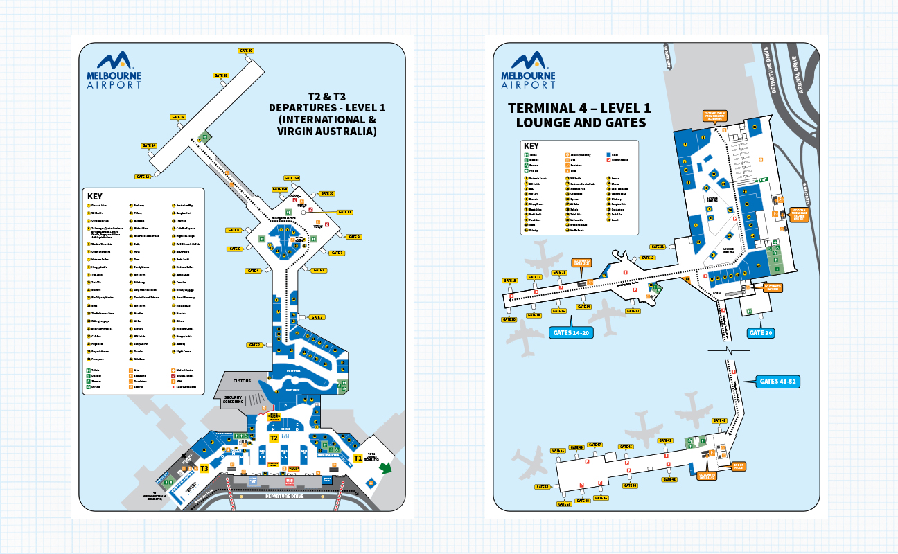 Melbourne Airport Terminals 2, 3 and 4 maps.