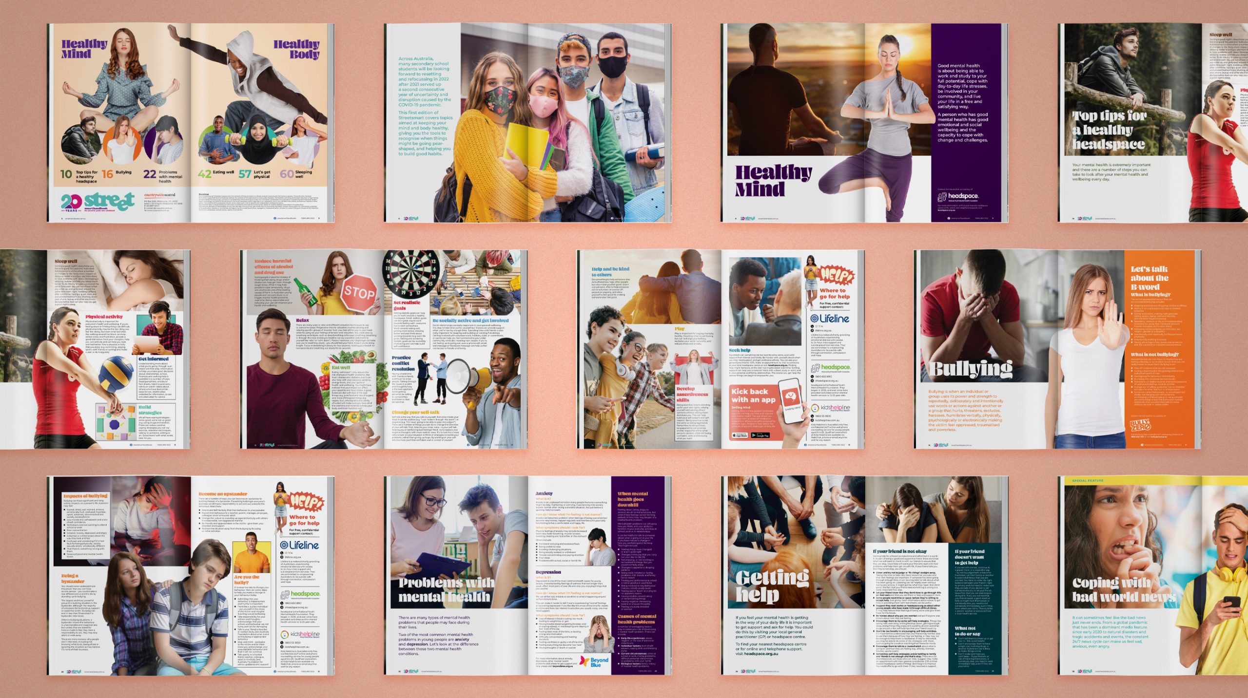 Interior spreads from the Streetsmart Handbook chapters including Healthy Mind, Healthy Headspace, Bullying, Mental Health, Getting Help and Coping with Bad World News.
