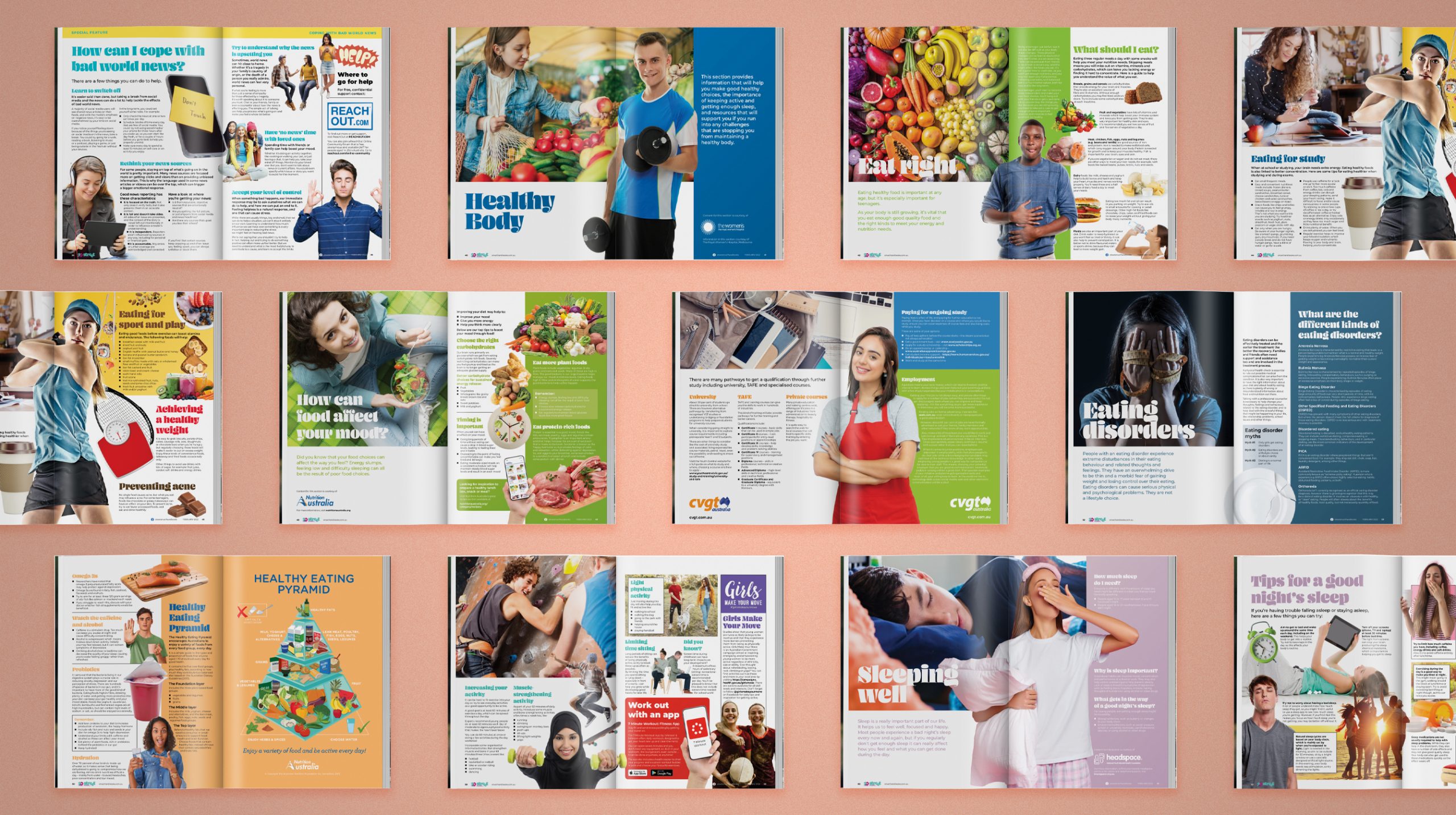 Interior spreads from the Streetsmart Handbook chapters including Healthy Body, Eat Right, Eating Disorders, Healthy Eating, Physical Activity and Sleeping Well.